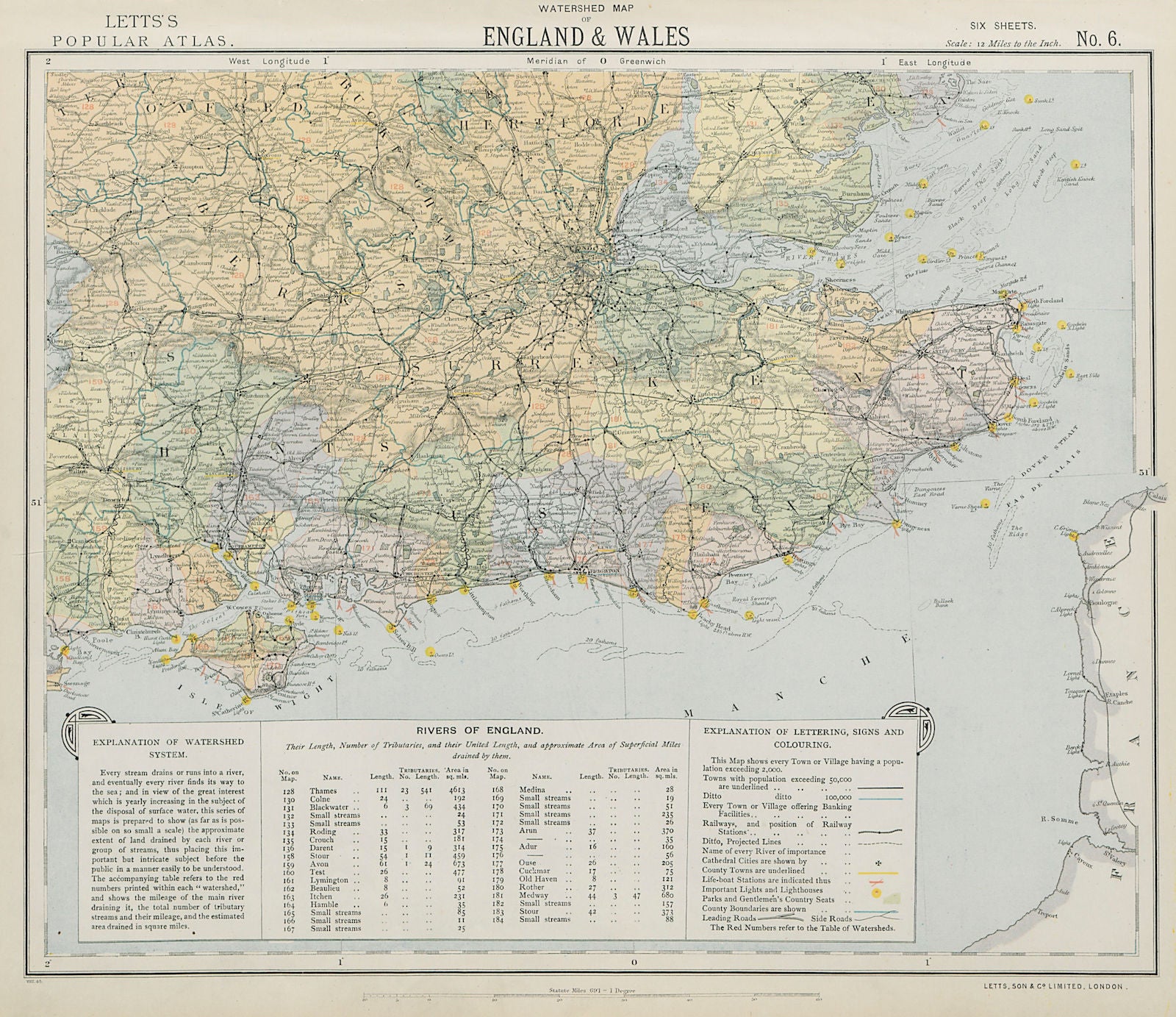 SE ENGLAND WATERSHEDS Lighthouses Lifeboat stations. Thames. LETTS 1884 map